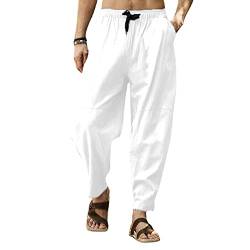 Cooleep Leinenhose Herren Sommerhose Herren Leicht Yogahose Freizeithose mit Elastische Gürtel Weiß 4XL von Cooleep