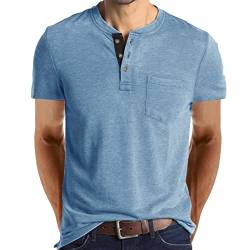 Cooleep T-Shirt Herren Basic T Shirts für Männer Baumwoll Solid Henley Tshirt Herren Kurzarm Blau L von Cooleep