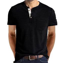 Cooleep T-Shirt Herren Basic T Shirts für Männer Baumwoll Solid Henley Tshirt Herren Kurzarm Schwarz L von Cooleep
