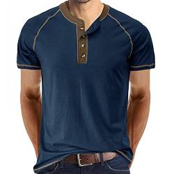 Cooleep T-Shirt Herren Basic Tshirts für Männer Baumwoll Henley Shirt Herren Kurzarm Blau XL von Cooleep