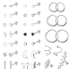 19 Paar kleine Ohrringe Silber Knorpel Ohrringe für Frauen Helix Piercing Schmuck Knorpel Hoop Ohrringe aus Chirurgenstahl Flach Zurück Ohrstecker Sets für Mehrere Piercings von Copbopwn