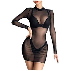 Copelsie Dessous Tüll Mesh Kleid Minikleid Sexy Transparent Negligee Babydoll Langarm Bodycon Nachtkleid Clubwear Partykleid Unterkleid Bikini Cover up von Copelsie