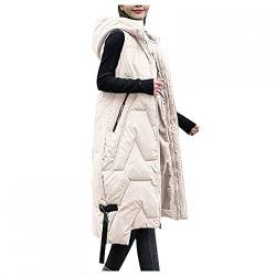 Copelsie Jacke Damen Winter, Damen Kapuzen Daunenweste Mantel - Winter Leichte Lange Schlanke Weste Jacke, Übergroße Ärmellose Tragbare Steppweste für Damen Winddichte, M, Beige von Copelsie