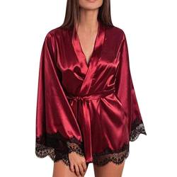 Copelsie Winter Bademantel,Sexy Kleid Bademantel Frauen Robe Femme Frauen Satin Nachthemd Seide Spitze Dessous Nachthemd Nachtwäsche von Copelsie