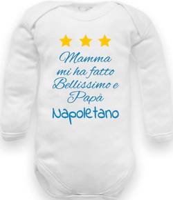 Neapel Babybody Mama machte mich schön und Papa Neapolitanischer Langarm aus warmer Baumwolle, Strampler Napoli Schön Warm Baumwolle, 0-3 Monate von Corredino Neonato