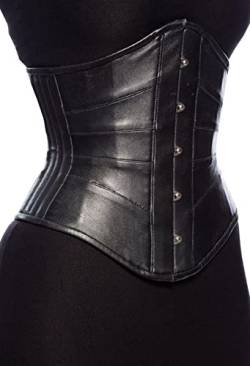 Korsett aus echtem Leder für Damen, Unterbrust-Taillentrainer, strapazierfähig, seitlich, Stahlstäbchen, Korsett, Schwarz, Medium von Corsets Island