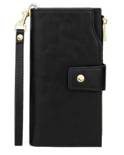 Cortelay RFID-Brieftaschen für Damen, mit abnehmbarem Handgelenkriemen, 2 Ausweis-Fenster, 18 Kartenfächer, Reißverschlusstaschen, Schwarz, Large, Modern von Cortelay