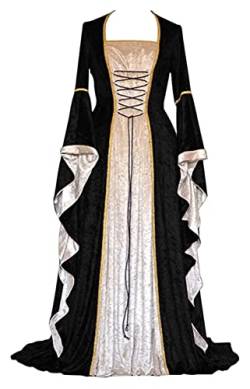 CosCool Damen Retro Mittelalter Kleid mit Trompetenärmel, Mittelalterliche Viktorianischen Königin Kleider Renaissance Gotisch Maxikleid Karneval Halloween Party Prinzessin Kostüm Schwarz 3XL von CosCool