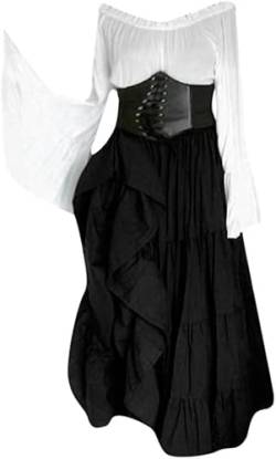 CosCool Damen Retro Mittelalter Kleid mit Trompetenärmel, Mittelalterliche Viktorianischen Königin Kleider Renaissance Gotisch Maxikleid Karneval Halloween Party Prinzessin Kostüm Schwarz XL von CosCool