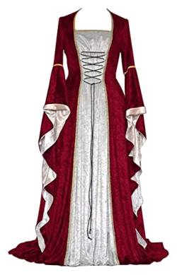 Damen Retro Mittelalter Kleid mit Trompetenärmel, Mittelalterliche Viktorianischen Königin Kleider Renaissance Gotisch Maxikleid Karneval Halloween Party Prinzessin Kostüm Rot 3XL von CosCool