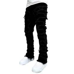 CosTribe Herren Stacked Jeans Slim Fit Zerrissene Jeans Destroyed Straight Denim Pants Harajuku Hip Hop Hose Streetwear, Schwarz, Groß von CosTribe