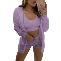 Coslike Damen Sexy Warm Fuzzy Fleece 3-Teilig Outfits Pyjamas, Kuscheliges Strickset 3-teilig, Offene Front Kapuzen Cardigan Top Shorts, S von Coslike