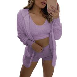 Damen Sexy Warm Fuzzy Fleece 3-Teilig Outfits Pyjamas, Kuscheliges Strickset 3-teilig, Offene Front Kapuzen Cardigan Top Shorts von Coslike
