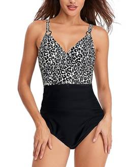 Coswind Badeanzug Damen Bauchweg Sexy Bademode V Ausschnitt Monokini Raffung Push Up Einteiler Schwimmanzug Swimsuit Leopard XL von Coswind