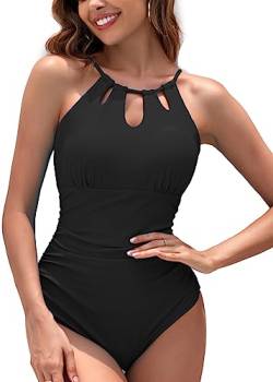 Coswind Badeanzug Damen Bauchweg Sexy Bademode V Ausschnitt Monokini Raffung Push Up Einteiler Schwimmanzug Swimsuit Schwarz05 XXL von Coswind