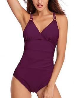 Coswind Badeanzug Damen Bauchweg Sexy Bademode V Ausschnitt Monokini Raffung Push Up Einteiler Schwimmanzug Swimsuit Violett XL von Coswind