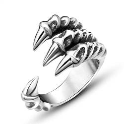 Cosysparks Drachenklaue Ring, Edelstahl Dragon Claws Ring Einstellbar Offen Drachen Ring Herren Silber Cool Drachenring Vintage Dragon Ring für Männer (B) von Cosysparks