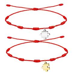 Cotigo Rotes 7 Knoten Armband für Paare - Armbänder für Paare Perfekte Valentinstagsgeschenke - Rotes Fadenarmband, Glücksbringer und Schutz (Puzzles - Silber und Gold) von Cotigo