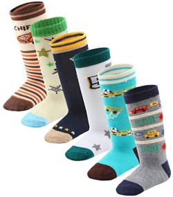 Cottock 6 Paar Kleinkind Jungen ABS Rutschfeste Socken Knie Hoch Baumwolle Griffsocken, Baby Jungen Anti-Rutsch-Socken von Cottock