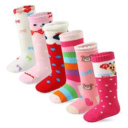 Cottock 6 Paar Kleinkind Mädchen ABS Rutschfeste Socken Knie Hoch Baumwolle Griffsocken, Baby Mädchen Anti-Rutsch-Socken (6 Paar Süß, 0-12 Monate) von Cottock