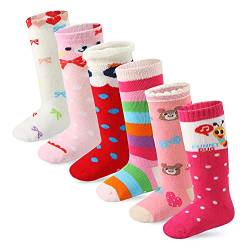 Cottock 6 Paar Kleinkind Mädchen ABS Rutschfeste Socken Knie Hoch Baumwolle Griffsocken, Baby Mädchen Anti-Rutsch-Socken (6 Paar Süß, 5-7 Jahre) von Cottock
