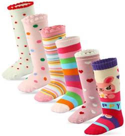 Cottock 6 Paar Kleinkind Mädchen ABS Rutschfeste Socken Knie Hoch Baumwolle Griffsocken, Baby Mädchen Anti-Rutsch-Socken von Cottock
