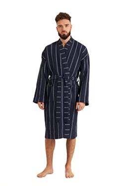 Cotton Trend Herren-Bademantel, Marineblau, gestreift, 100 % türkische Baumwolle, Waffelmuster, leichter Bademantel mit Kimonokragen, luxuriös, weich, knielang, L von Cotton Trend