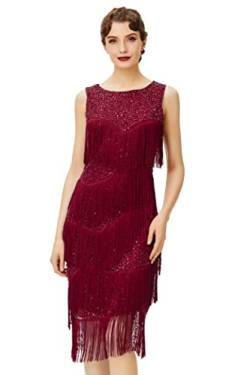 Coucoland 1920s Kleid Damen Runder Ausschnitt Elegant Abendkleid mit Multi Schichten Fransen 20er Jahre Retro Stil Great Gatsby Cocktail Party Damen Fasching Kostüm Kleid (Weinrot, L) von Coucoland