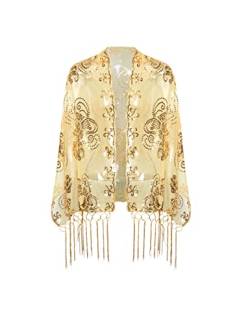 Coucoland 1920s Stola Damen Schmetterling Muster Retro Schal Umschlagtücher für Abendkleid Vintage Hochzeit Damen Schulter Bedeckung 20er Jahre Stil Gatsby Kostüm Accessoires (Gold) von Coucoland