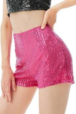 Coucoland Schwarze Pailletten-Shorts für Damen – hohe Taille, glitzerndes Glitzer-Outfit, Konzert- und Disco-Outfit, Damenhose, Pink, Mittel von Coucoland