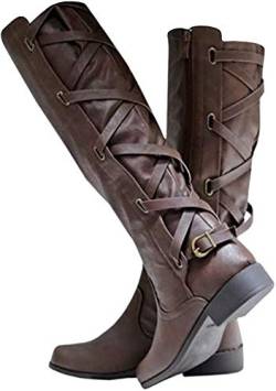 Coutgo Damen-Stiefel, kniehoch, zum Schnüren, für Motorradfahren, flache Absatz, Riemen, Winter-Kampfstiefel, Dunkelbraun, 38 EU von Coutgo