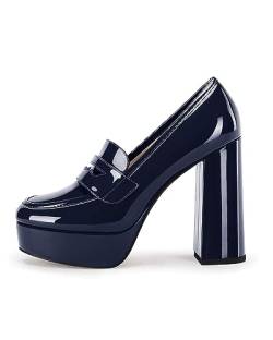 Damen Plateau Heels Loafers Chunky High Heel Geschlossene Zehe Lackleder Schuhe Penny Loafer Business Kleid Arbeit Pumps, Marineblau, 43 EU von Coutgo