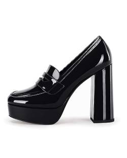 Damen Plateau Heels Loafers Chunky High Heel Geschlossene Zehe Lackleder Schuhe Penny Loafer Business Kleid Arbeit Pumps, Schwarz, 38 EU von Coutgo