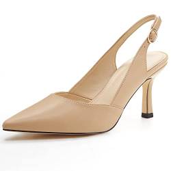 Damen Slingback Kitten Heels Geschlossene Spitze Zehenpartie Rückenfrei Hochzeit Party Kleid Pumps Schuhe, Khaki, 43 EU von Coutgo