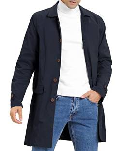 Herren Trenchcoat Slim Fit Einreihig Casual Lange Jacke Leicht Revers Herbst Windbreaker Übermantel, Marineblau, Large von Coutgo