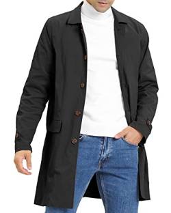 Herren Trenchcoat Slim Fit Einreihig Casual Lange Jacke Leicht Revers Herbst Windbreaker Übermantel, Schwarz, Large von Coutgo