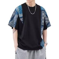 Covisoty Herren Harajuku Streetwear Fashion Patchwork Kurzarm T-Shirt Chinesischen Ethno-Stil Tees Schwarz XL von Covisoty