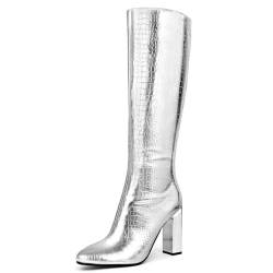 Cozivwaiy Damen Silber Kniehohe Stiefel Metallic Blockabsatz High Heels Stiefel Fancy Chrome Stiefel Langschaft Dress Stiefel Frauen Riding Boots Zipper 37 von Cozivwaiy