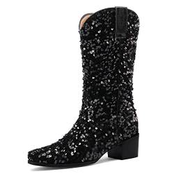 Cozivwaiy Glitter Cowboystiefel Damen Halbschaft Glitzernde Stiefel Schwarz Chunky Heel Disco Boots Pull on Dance Abendstiefel Cowgirl 40 von Cozivwaiy