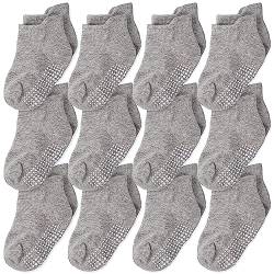 CozyWay Baby Anti-Rutsch-Crew-Socken mit Griffen für Kleinkinder kleine Jungen Mädchen Kleinkinder Kinder nicht rutschen, Grau 12 Paare, 3-5 Jahre von CozyWay