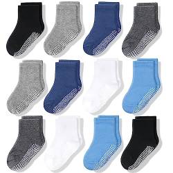 CozyWay Baby Anti-Rutsch-Crew-Socken mit Griffen für Kleinkinder kleine Jungen Mädchen Kleinkinder Kinder nicht rutschen, Jungen Unifarben m/Dunkelgrau 12 Paar, 6-12 Monate von CozyWay