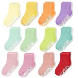 CozyWay Baby Anti-Rutsch-Crew-Socken mit Griffen für Kleinkinder kleine Jungen Mädchen Kleinkinder Kinder nicht rutschen, Mädchen Pastellfarben 12 Paar, 3-5 Jahre von CozyWay