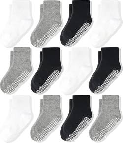 CozyWay Baby Anti-Rutsch-Crew-Socken mit Griffen für Kleinkinder kleine Jungen Mädchen Kleinkinder Kinder nicht rutschen, Schwarz/Weiß/Grau 12 Paar, 0-6 Monate von CozyWay
