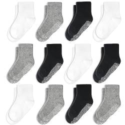 CozyWay Baby Anti-Rutsch-Crew-Socken mit Griffen für Kleinkinder kleine Jungen Mädchen Kleinkinder Kinder nicht rutschen, Schwarz/Weiß/Grau 12 Paar, 6-12 Monate von CozyWay