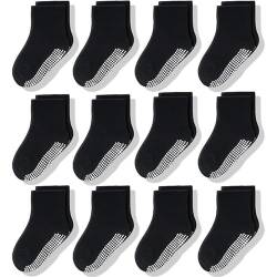 CozyWay Baby Anti-Rutsch-Crew-Socken mit Griffen für Kleinkinder kleine Jungen Mädchen Kleinkinder Kinder nicht rutschen, Schwarz 12 Paare, 6-12 Monate von CozyWay