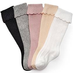 CozyWay Kräuselte Babyknie-hohe Socken für Mädchen, 5 Packungen, neutrale Pastellfarben, 0-6 Monate alt von CozyWay