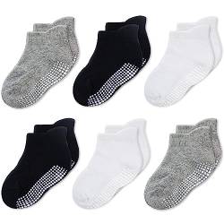 CozyWay Socken im Nonrutsch-Knöchelstil mit Grippers, 6 Pack für Jungen und Mädchen, schwarzes Weiß und Grau, 1-3 Jahre von CozyWay