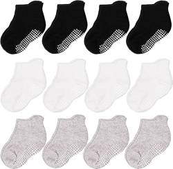 CozyWay Socken im Nonrutschen-Knöchelstil mit Greifer, 12 Packungen für Jungen und Mädchen, Schwarz, Weiß und Grau, 6-12 Monate von CozyWay