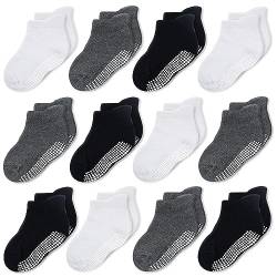 CozyWay Socken im Nonrutschen-Knöchelstil mit Greifer, 12 Packungen für Jungen und Mädchen, schwarz weiß und dunkelgrau, 3-5 Jahre von CozyWay