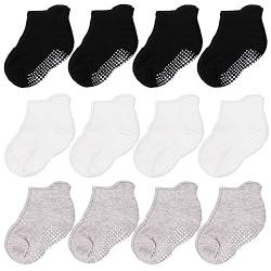 CozyWay Socken im Nonrutschen-Knöchelstil mit Greifer, 12 Packungen für Jungen und Mädchen, schwarzes Weiß und Grau, 3-5 Jahre von CozyWay